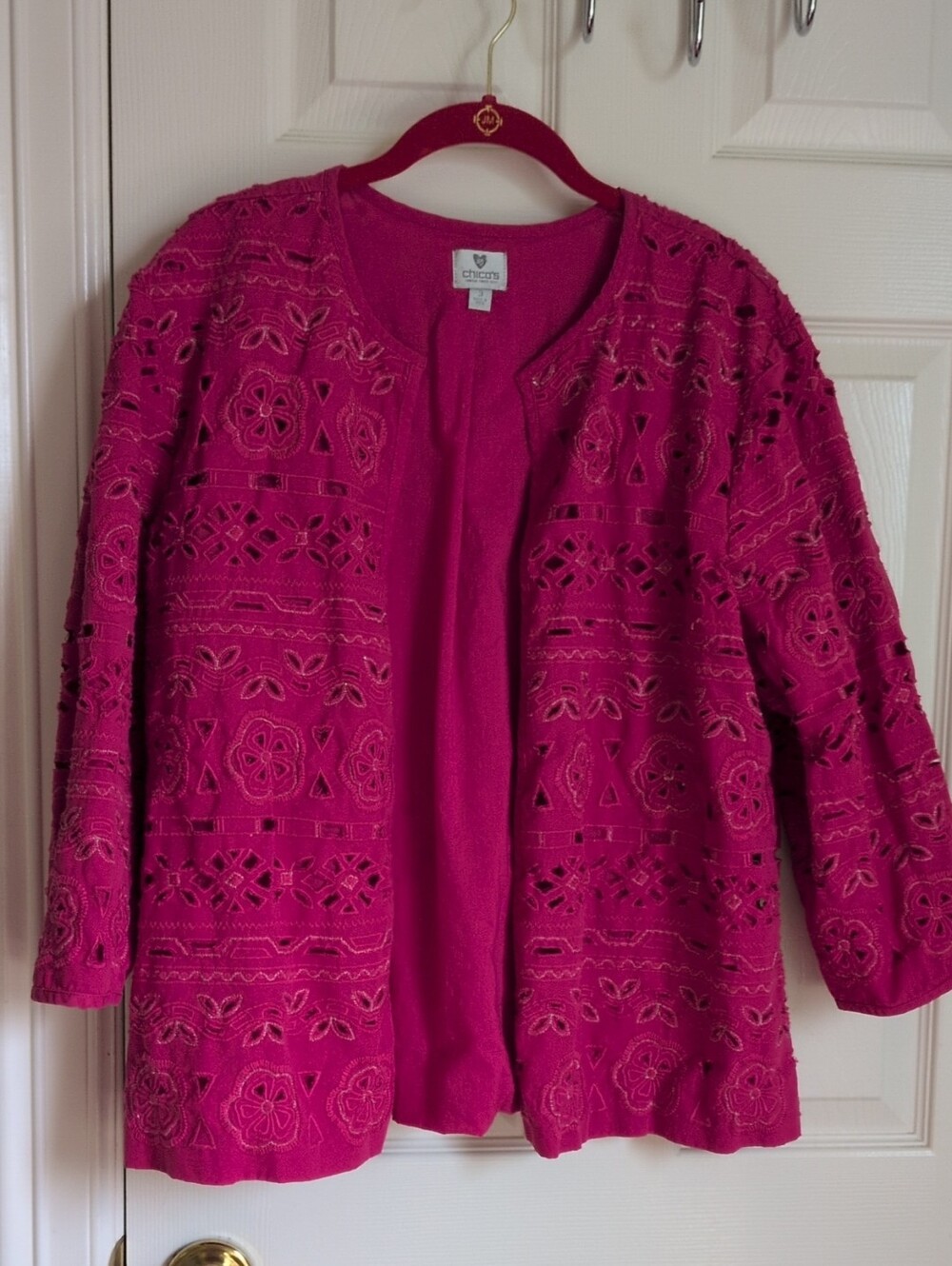 Chico's Bright Fuchsia Openwork Cardigan, Size 3